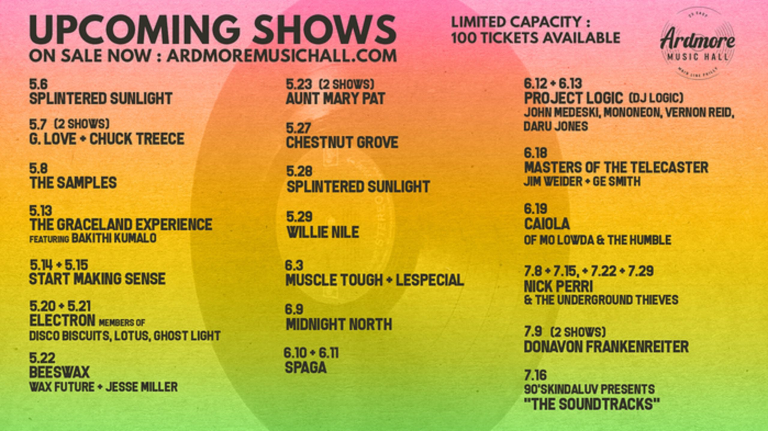 Ardmore Music Hall announces 30 limited capacity shows for spring and summer 2021