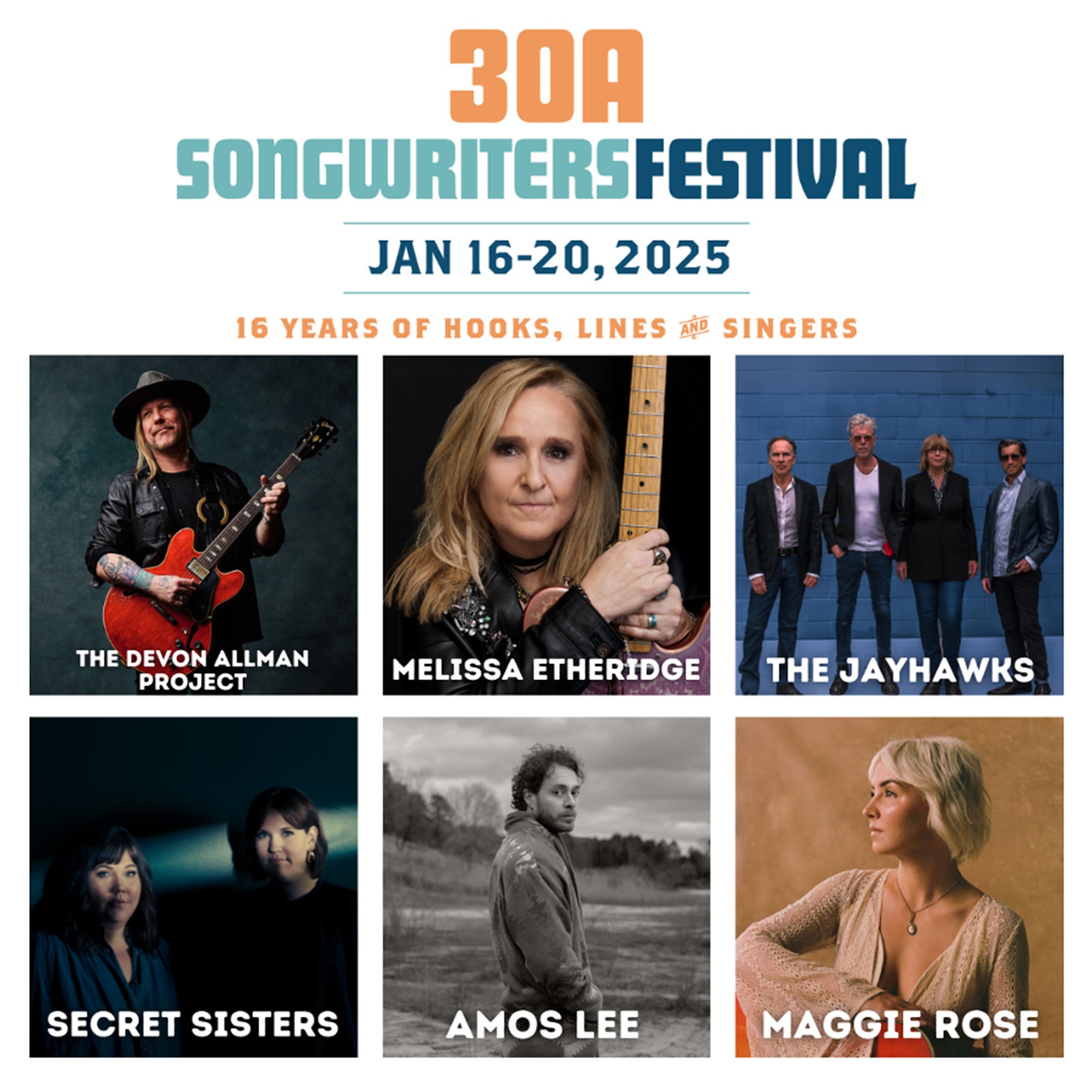 Melissa Etheridge, Amos Lee, The Jayhawks, Charlie Starr & Benji Shanks (Blackberry Smoke), and The Devon Allman Project to headline 16th Annual 30A Songwriters Festival