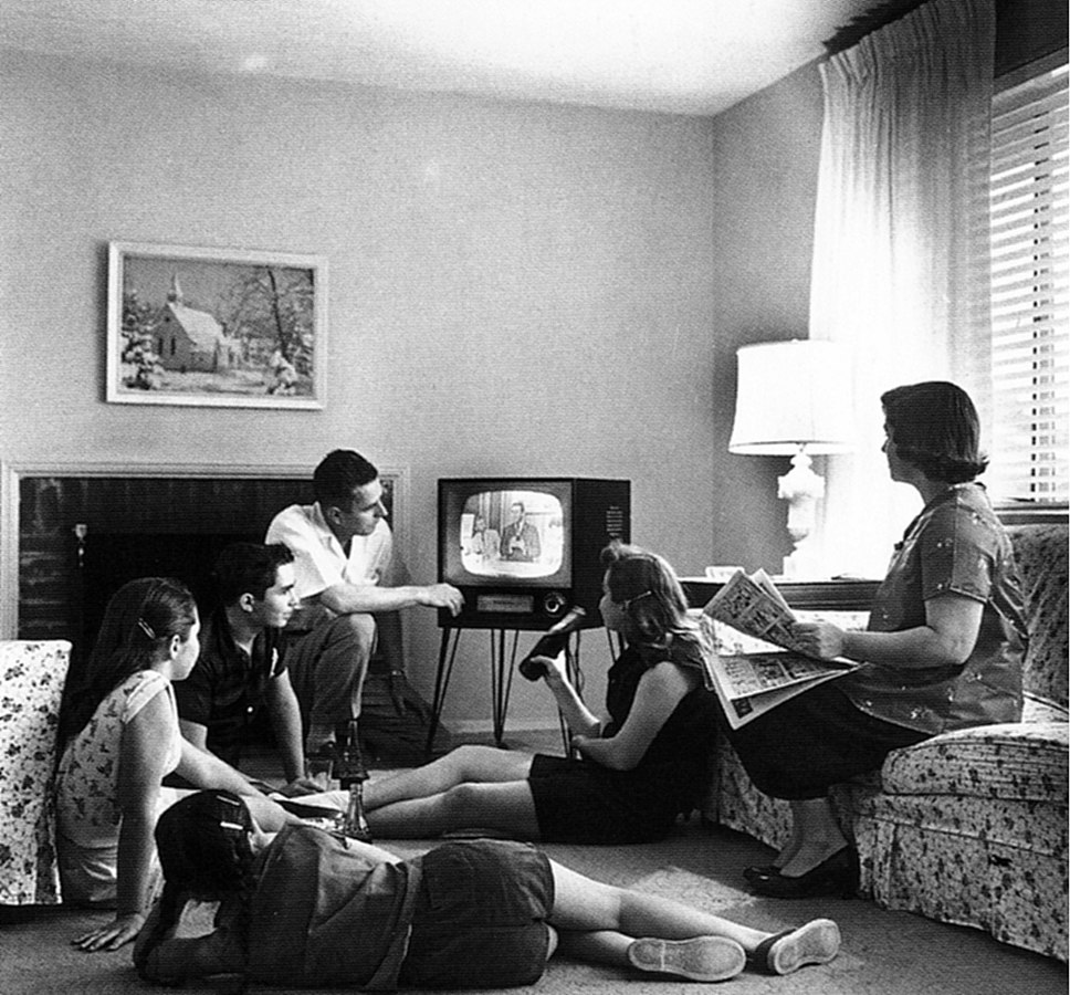 Family watching TV in 1958