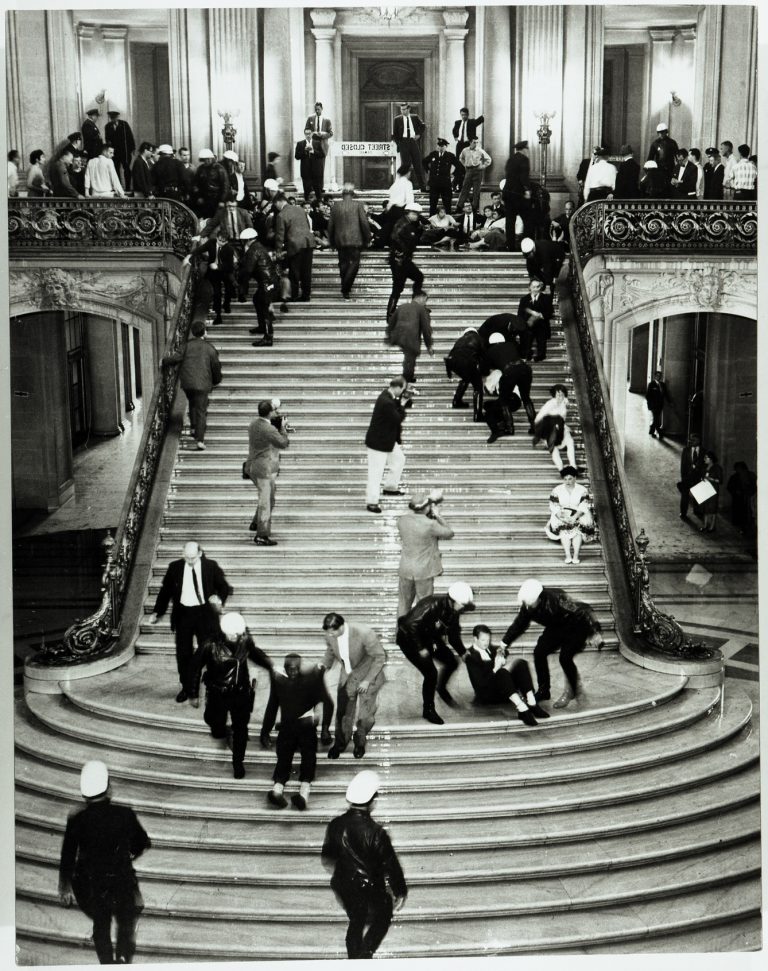  SF Police charge free speech demonstrators at City Hall, 1960. Photo courtesy of San Francisco Public Library