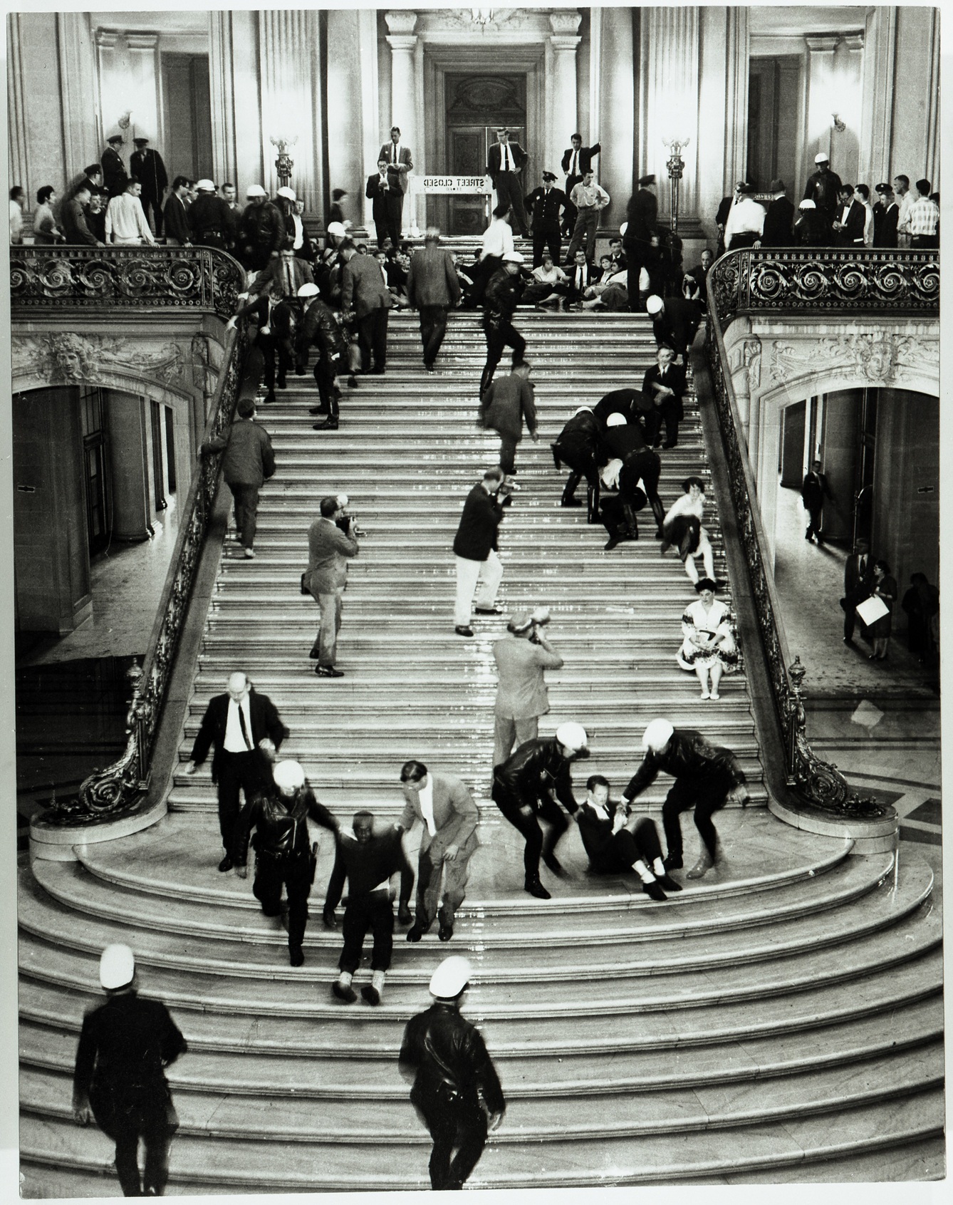  SF Police charge free speech demonstrators at City Hall, 1960. Photo courtesy of San Francisco Public Library