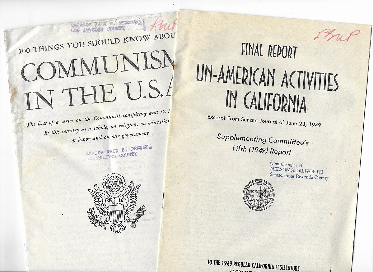  The covers of the report "Communism in the U.S.A." by the U.S. House UnAmerican Activities Committee and the Supplement to the 5th Report by the California UnAmerican Activities Committee.