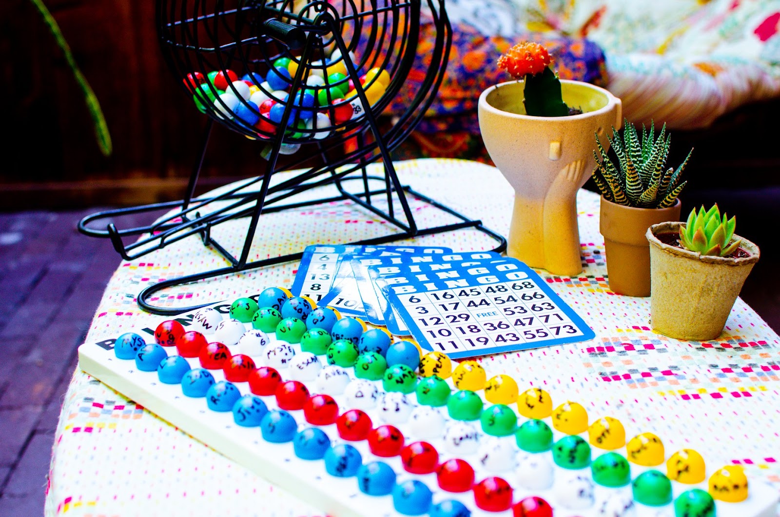Bingo Tour 2020: Prepping for performance with Goose's catalog on labeled bingo balls. Photo: Bryan Murphy. 